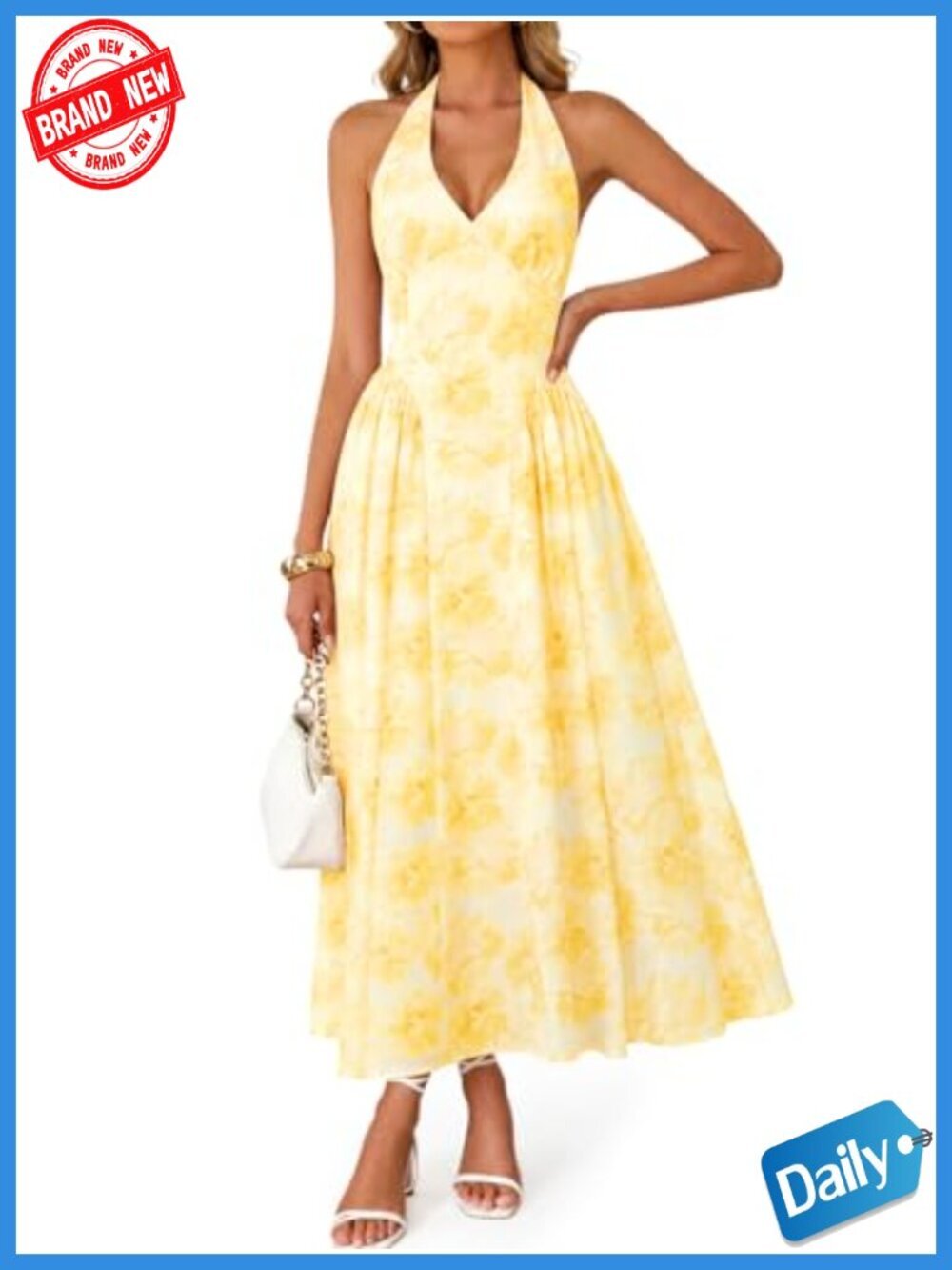 Halter V Neck Maxi Dress with Tie Back & Pockets - Sleeveless